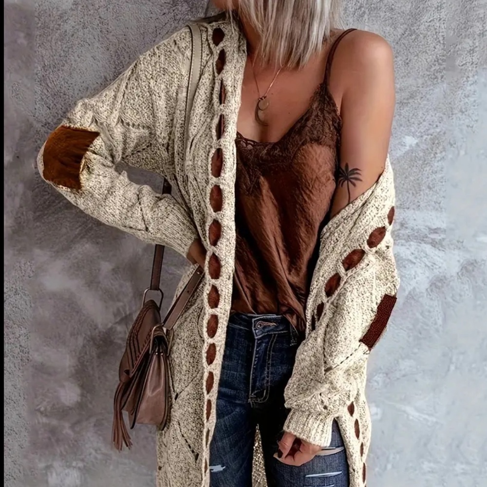 Beautiful Beige & Brown Knit Open Cardigan Hoodie Sweater